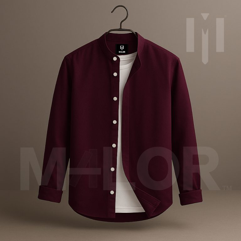Band collar Solid Premium Long Sleeve Shirt - Maroon - Image 1