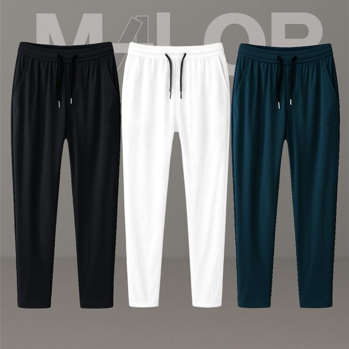 3 Pcs Combo- Premium Quality Micro Solid Trousers- Black , White & Sea Green - Image 1