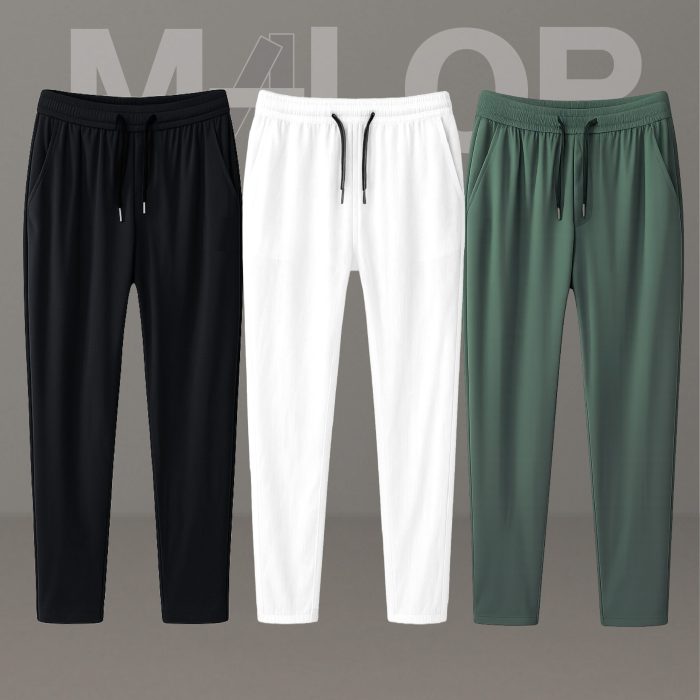 3 Pcs Combo- Premium Quality Micro Solid Trousers- Black , White & Olive - Image 1