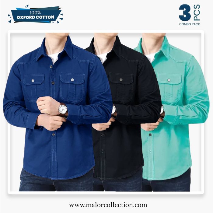 3 Pcs Combo Premium Double Pocket Shirt - Image 1